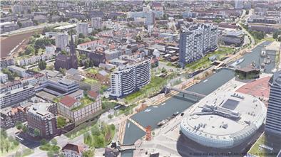 Blick aus der Vogelperspektive: Zwischen den Türmen des Columbus-Centers wird ein Durchlass sichtbar, auch eine neue Pontonbrücke ist angedacht. Solche Visionen für die Innenstadt von Bremerhaven waren Thema bei einer Debatte bei der IHK.