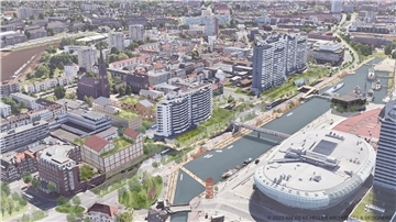 Blick aus der Vogelperspektive: Zwischen den Türmen des Columbus-Centers wird ein Durchlass sichtbar, auch eine neue Pontonbrücke ist angedacht. Solche Visionen für die Innenstadt von Bremerhaven waren Thema bei einer Debatte bei der IHK.