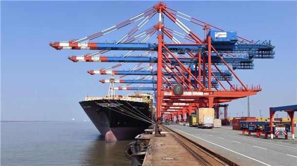 Schiff unter Containerbrücken.