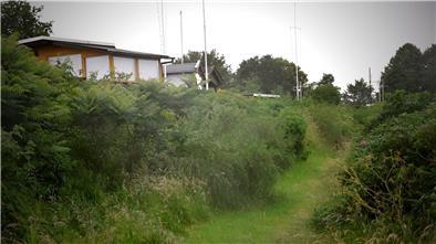 Mehrere Holzbuden, davor Büsche und Rasen