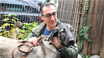 Bundeslandwirtschaftsminister Cem Özdemir streichelt bei seinem Besuch im Tierheim in Stuttgart-Botnang eine Kangal-Hirtenhündin.