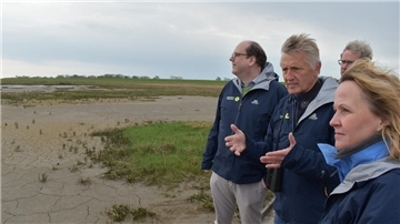Bundesministerin Steffi Lemke im Gespräch mit Peter Südbeck, Leiter der Nationalparkverwaltung (direkt neben dem Gast aus Berlin). Auch Landesminister Christian Meyer hörte ihm aufmerksam zu.