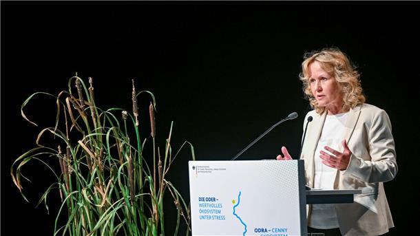 Umweltministerin: Zusammenarbeit mit Polen zur Oder ist zäh Bundesumweltministerin Steffi Lemke spricht auf der Oder-Konferenz in Schwedt.