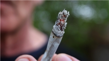 Ein Mann hält einen Joint in den Fingern.