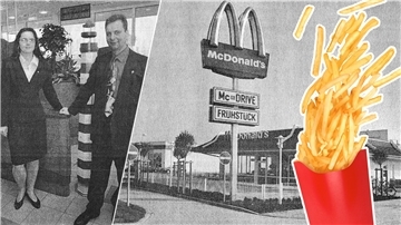 Eine Frau und ein Mann stehen in schicker Kleidung nebeneinander. Im Bild daneben ist eine Mc Donald's Filiale zu sehen. Daneben sind Pommes zu sehen.