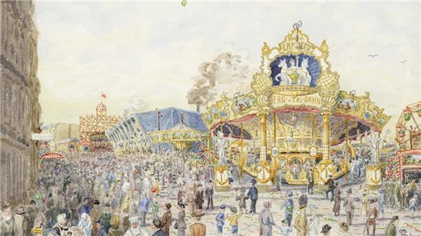 Das Aquarell zeigt den Freimarkt um 1900 aus der Erinnerung des Zeitzeugen und Malers Otto Stahmer.