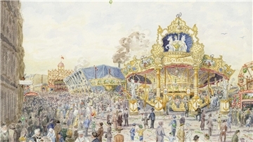 Das Aquarell zeigt den Freimarkt um 1900 aus der Erinnerung des Zeitzeugen und Malers Otto Stahmer.