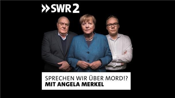 Das Coverbild des Podcasts „Sprechen wir über Mord?!“ mit dem ARD-Terrorismusexperten Holger Schmidt (r), dem Bundesrichter a. D. Thomas Fischer (l) und Altkanzlerin Angela Merkel (CDU).