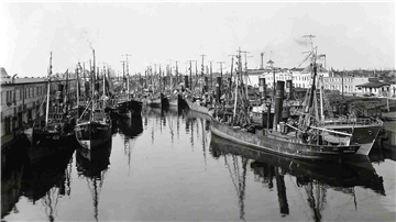 Schiffe im Wasser. Schwarz-weiß. Bremerhaven.