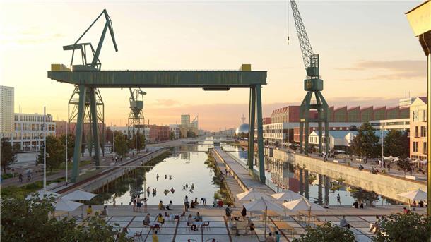 Das Hafenherz, Kernstück der Idee: Die geplante Anordnung der Gebäude ermöglichen Sichtachsen und Wasserflächen, die wirken wie ein Endlos-Pool. Kräne und Helgen bleiben als Zeitzeugen bestehen. Die Hafenbecken werden von den Bremerhavenern erobert: Schwimmen und Wassersport oder Entspannen im Café.