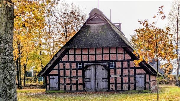 Historisches Fachwerkhaus mit Reetdach im herbstlich gefärbten Freilichtmuseum Frelsdorf, umgeben von Laubbäumen mit gelb-orangefarbenem Blattwerk.