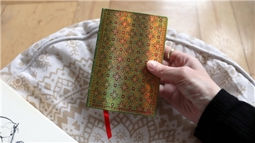 Hand hält Buch mit grünem Muster 
