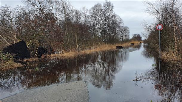 Der Bobetsdamm – eigentlich Verbindungsstrecke zwischen Bramel und Sellstedt – ist derzeit wegen Hochwassers gesperrt. Auch auf den nebenliegenden Flächen steht das Wasser.