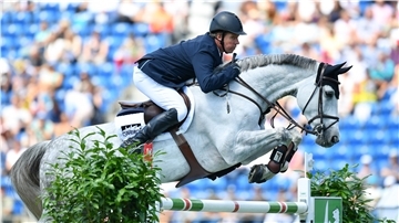 Der deutsche Springreiter Markus Beerbaum auf dem Pferd Comanche springt über ein Hindernis.