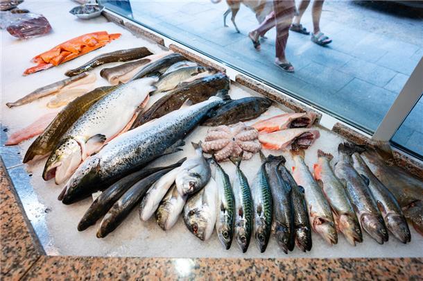  Verschiedene Fische werden in der Auslage eines Fischgeschäfts zum Kauf angeboten. Der gesamte in Deutschland produzierte Fisch ist bereits am 8. März aufgebraucht. Ohne Importe wären die Regale leer, warnt der BUND Elbe-Weser.