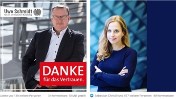 Der Gewinner in Schwarz, die Verliererin in Hoffnungs-Blau: Uwe Schmidt und Wiebke Winter am Tag nach der Wahl in Facebook.