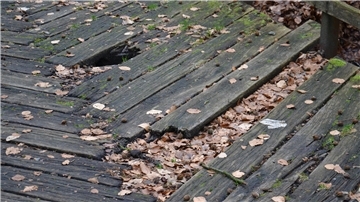 Der Holzbelag der Brücke ist morsch. Da eine sichere Passage nicht gegeben ist, hat der Schützenverein die Brücke gesperrt.