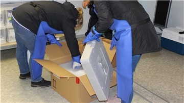 Der Impfstoff wird in einer Thermobox mit ausreichend Trockeneis an einen geheimen Ort zur Lagerung in Cuxhaven geliefert. Er kam am Montag gegen 15.30 Uhr in Cuxhaven an.