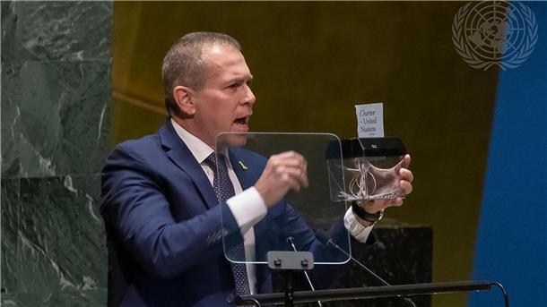 UN stärken Rechte der Palästinenser Der israelische Botschafter Gilad Erdan bei seiner Rede vor der Vollversammlung der Vereinten Nationen in New York.