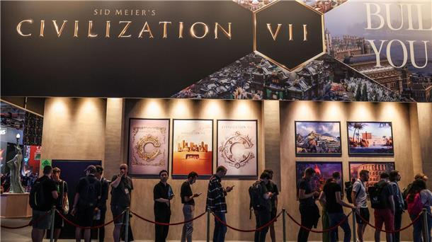 Der Messestand des Strategiespiels Civilization, das in verschiedenen Ausgaben seit mehr als drei Jahrzehnten auf dem Markt ist.