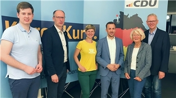 Vier Männer und zwei Frauen stehen vor einer Leinwand.