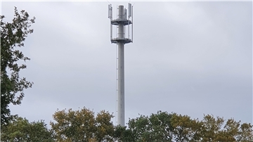 Ein Funkturm auf einer Wiese.