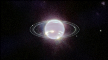Der Planet Neptun schwebt im Zentrum einiger Ringe. Die Ringe wurden durch den Einsatz der Nahinfrarotkamera (NIRCam) zum ersten Mal seit mehr als drei Jahrzehnten in vollem Fokus sichtbnar.