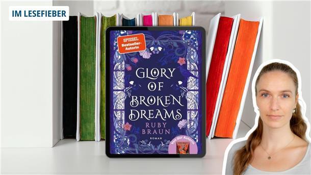 Eine Frau vor einem Bücherregal. Im Hintergrund sind bunte Bücher zu sehen, im Vordergrund das Cover von „Glory of Broken Dreams“ von Ruby Braun.