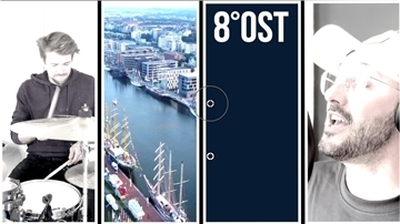 Collage aus mehreren Bildern: Schlagzeugspieler, Luftbild von Hafen, Schriftzug, Sänger
