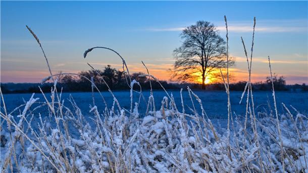 Bilder des Tages Der Sonnenaufgang über der winterlich verschneiten Landschaft im Landkreis Märkisch-Oderland in Ostbrandenburg.