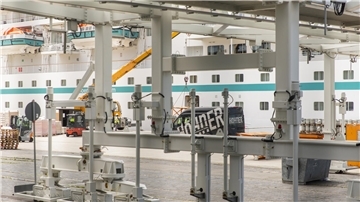 Ein Sprinter der Höhner steht vor dem Kreuzfahrtschiff Amera.