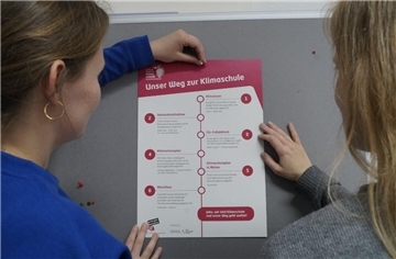 Zwei Schülerinnen schauen sich ein Blatt an, auf dem "Unser Weg zur Klimaschule" zu lesen ist. Der Weg zur Klimaschule umfasst einige wichtige Meilensteine.