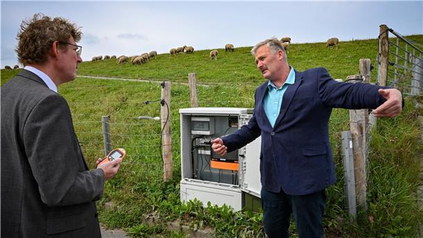 Der Weidezaun am Weserdeich bei Büttel-Indiek: Staatssekretär Frank Doods und Oberdeichgräfe Hans-Otto Hancken machen sich ein Bild von dem Projekt. Foto Scheschonka