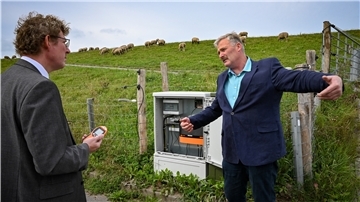 Der Weidezaun am Weserdeich bei Büttel-Indiek: Staatssekretär Frank Doods und Oberdeichgräfe Hans-Otto Hancken machen sich ein Bild von dem Projekt. Foto Scheschonka