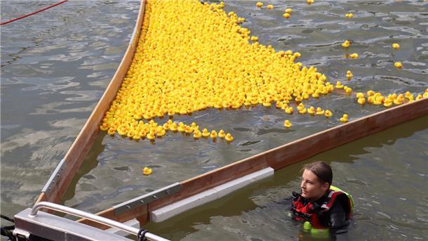 Der Zieleinlauf beginnt: Ente 418 wird die Führung nicht mehr abgeben. Damit gewinnt der sechs Jahre alte Mika Sitzlach den Hauptpreis.