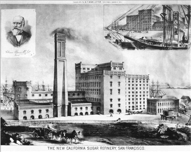 Die 1879 fertiggestellten California Sugar Refinery Co. Sie bildete das Herzstück der Expansion nach Hawaii, denn hier liefen die mit Rohzucker beladenen Schiffe ein.