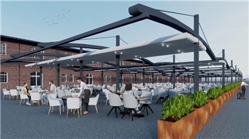 Tische und Stühle unter einer Pergola