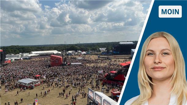 Zweigeteiltes Bild: links ein Festivalgelände von oben, rechts NZ-Reporterin Marie Petersen.