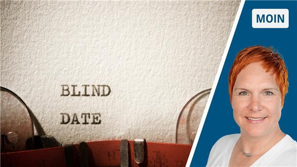 Geteiltes Bild: Blick auf eine Schreibmaschine, die das Wort Blind Date schreibt. Porträt der Autorin.