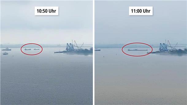 Die beiden Aufnahmen von der Panomax-Webcam auf dem Columbus-Center zeigen, wo es in Blexen-Reede zur Kollision gekommen ist.