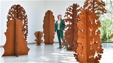 Die Bildhauerin Andrea Geile steht im Marcks-Haus inmitten ihres Waldes aus Stahl. Von draußen bereichern ein paar echte Bäume den Ausstellungsraum.