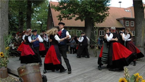 Die „Börd Heeßler Danzers“ tanzen beim Erntefest zu Live-Musik.