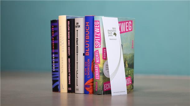 Fatma Aydemir und Eckhart Nickel unter Buchpreis-Finalisten Die Cover der sechs Bücher der Shortlist für den Deutschen Buchpreis 2022: Fatma Aydemir („Dschinns“, l-r), Kristine Bilkau („Nebenan“), Daniela Dröscher („Lügen über meine Mutter“), Jan Faktor („Trottel“), Kim de l’Horizon („Blutbuch“) und Eckhart Nickel („Spitzweg“).