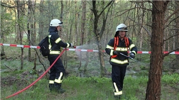 Feuerwehrleute üben die Brandbekämpfung  im Wohnster Moor