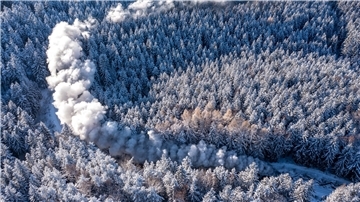 Die Fichtelbergbahn bahnt sich ihren Weg durch den verschneiten Winterwald im Erzgebirge.