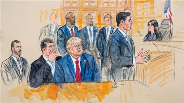 Trump auf der Anklagebank: Ex-Präsident beteuert Unschuld Die Gerichtszeichnung zeigt den ehemaligen US-Präsidenten Donald Trump (M), der sich vor dem Bundesgericht in Washington mit seinem Verteidiger Todd Blanche (l) berät.