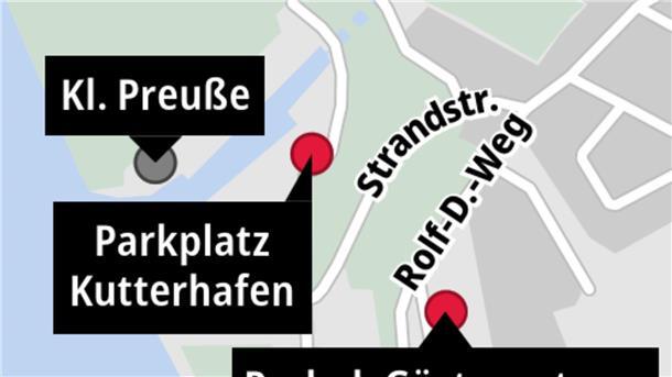 So soll das Parken im Nordseebad Wremen künftig reibungsloser laufen Die Grafik verdeutlicht: Neben dem begehrten Parkplatz am Kutterhafen gibt es einen weiteren in Strandnähe - den Parkplatz am Gästezentrum.