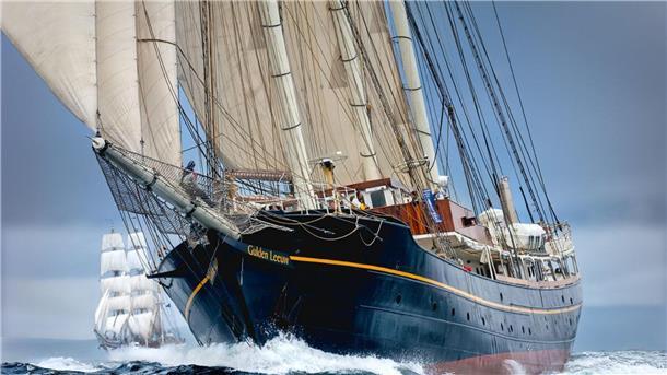Die "Gulden Leeuw" unter vollen Segeln: Der Dreimast-Toppsegelschoner aus den Niederlanden hat eine Länge von 70,10 Meter und 1400 Quadratmeter Segelfläche. Foto: Sibley