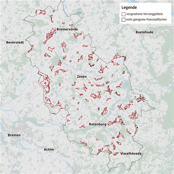 Eine Karte mit möglichen Windparkarealen im Landkreis Rotenburg