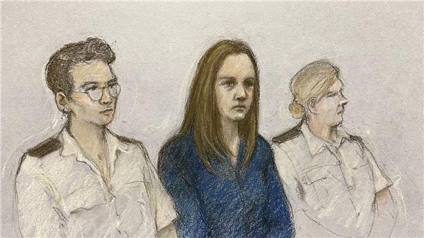 „Wollte Gott spielen“: Lebenslang für Babymorde in England Die Krankenschwester Lucy Letby (m.) bei der Urteilsverlesung im Manchester Crown Court (Gerichtszeichnung vom 10.08.)